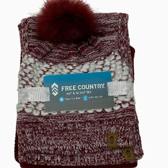 𝅺Knit Hat and Scarf Set Burgundy White New 2 Piece Set Pom Pom Hat - Picture 1 of 5